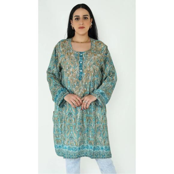 Indian Blue Hand Embroidered Silk Tunic Kurta Dress Size XL - Picture 8 of 9